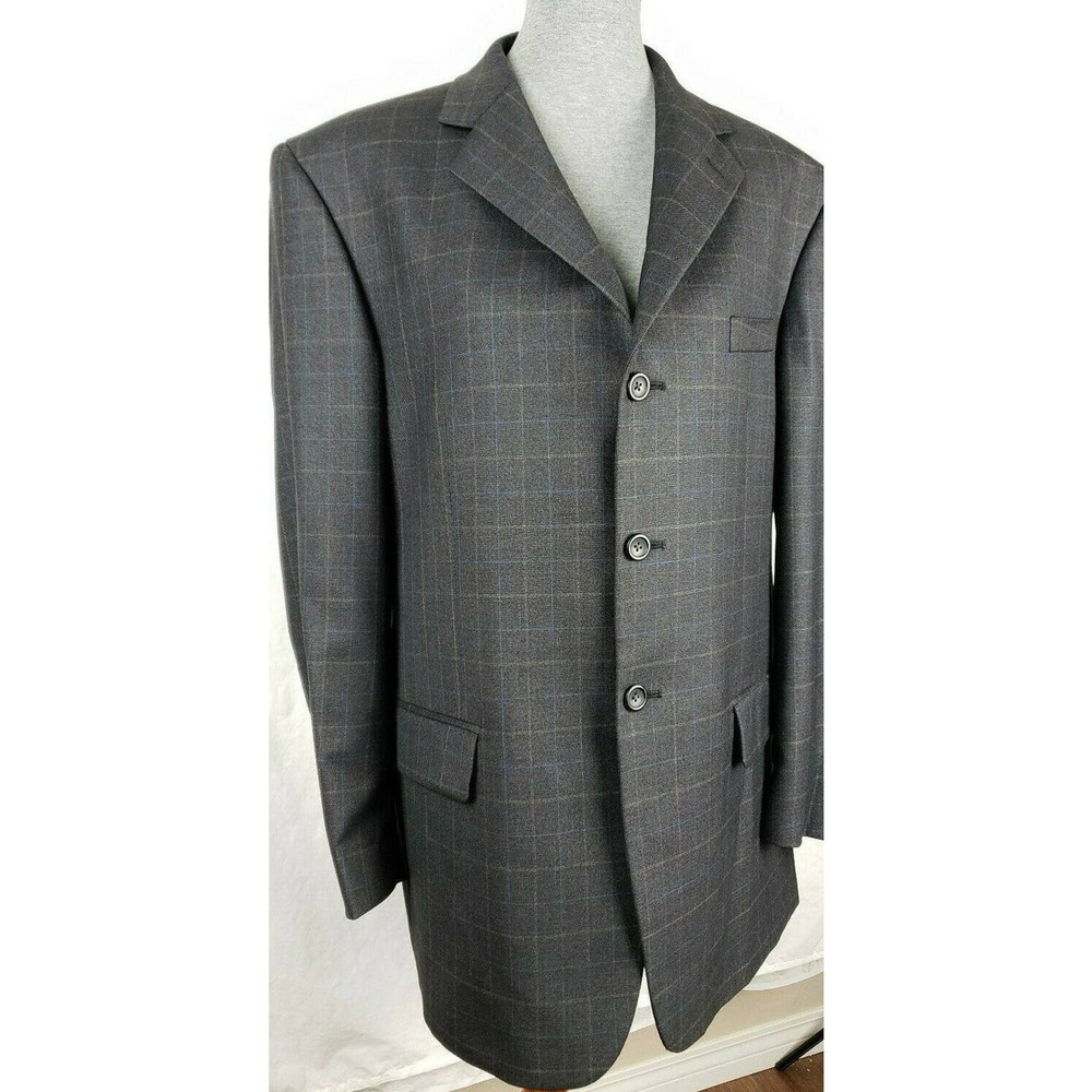 Pronto Uomo Sport Coat Gray Windowpane Check Jacket Mens 43R 100% Wool - Picture 2 of 10